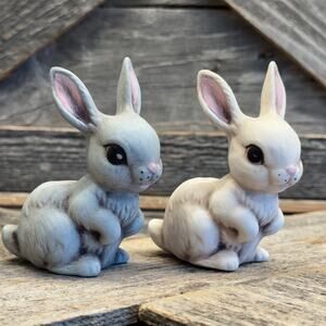 Vintage 1980's Pair of Ceramic Bunny Figurines Matte Finish Artist Signed Easter